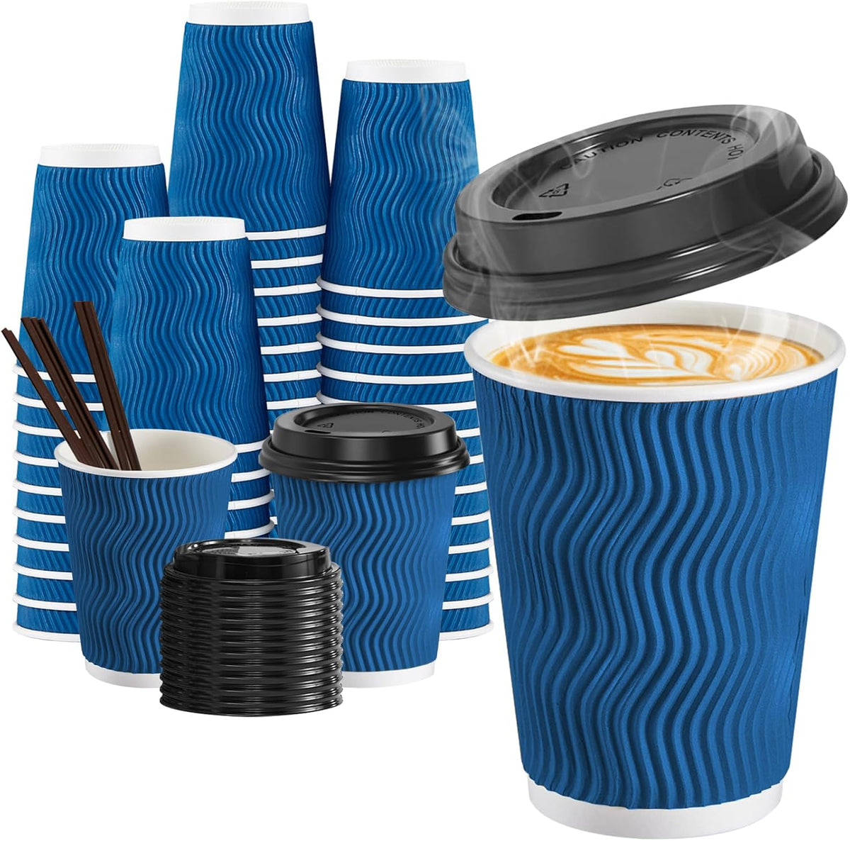 SIUQ 90 Pack 12 oz Disposable Coffee Cups with Lids and Straws, Insulated Ripple Wall To Go Paper