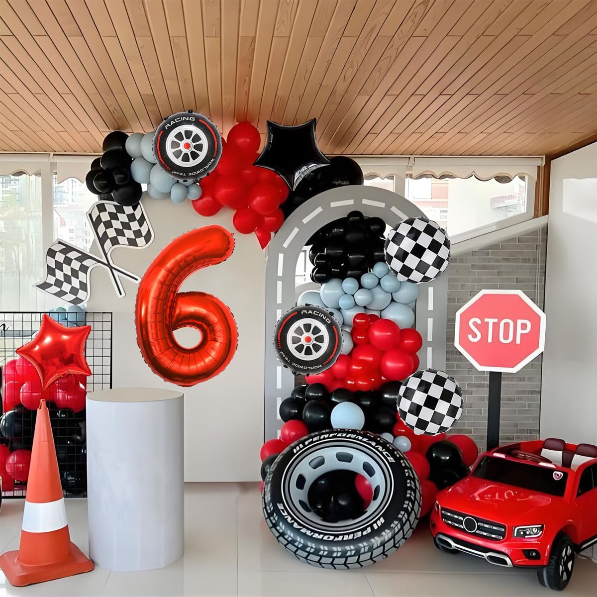 Race Car Birthday Decorations - 40 Inch Mylar Red Number 6 Balloons - Black Foil Checkered Race Car
