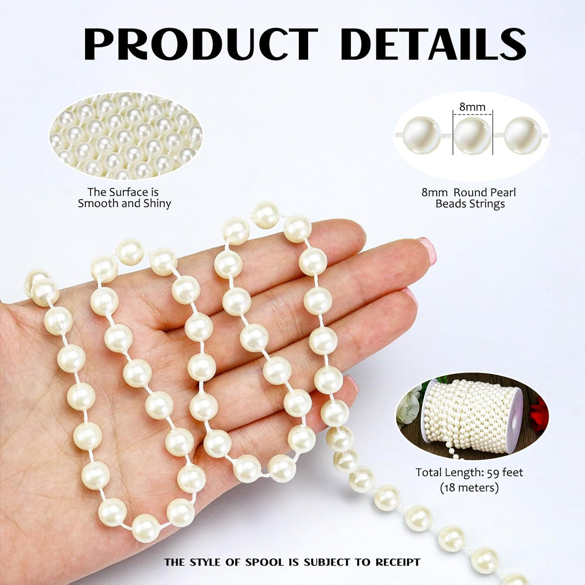 59 Feet 8mm Pearl Strings Garland for Crafts, Artificial Pearl Beaded Trim Chain Roll Strands for