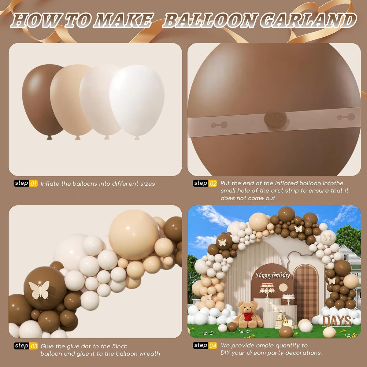 412Pcs Netural Balloon Garland Arch Kit, 5 10 12 18inch Brown Balloon Garland Arch Kit for Birthday