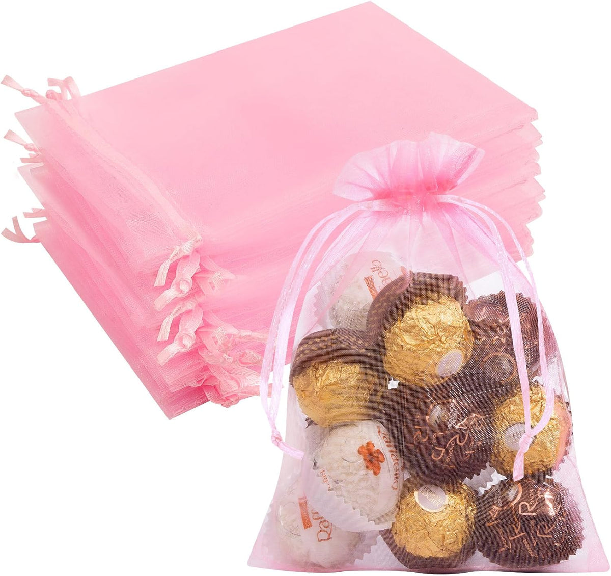 50 Pcs Pink Organza Bags 5x7 Inch, Small Mesh Bags Drawstring Jewelry Pouch Gift Bag Goody Bag for