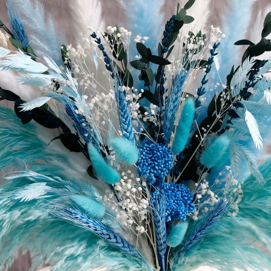 Blue Dried Flowers Bouquet with Pampas Grass - Boho Home Decor and DIY Floral Arrangements for