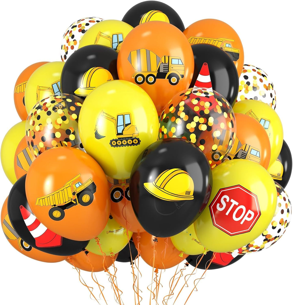 Construction Balloons, 12 Inch Black Yellow Orange Confetti Truck Construction Party Latex Balloons