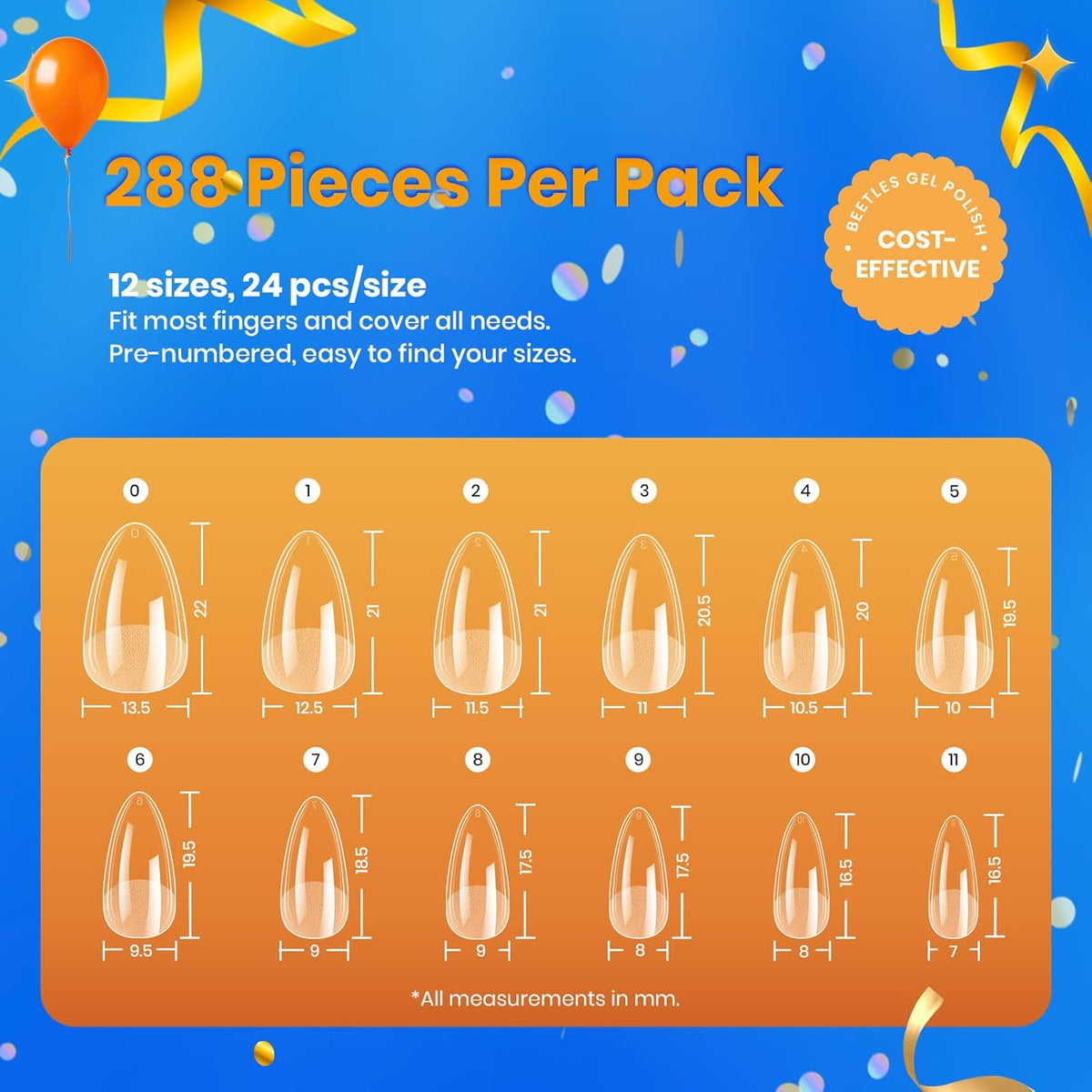 Beetles Short Almond Nail Tips: 12 Sizes 288 PCS Half Matte Full Cover Gel Tips Clear Acrylic Gel