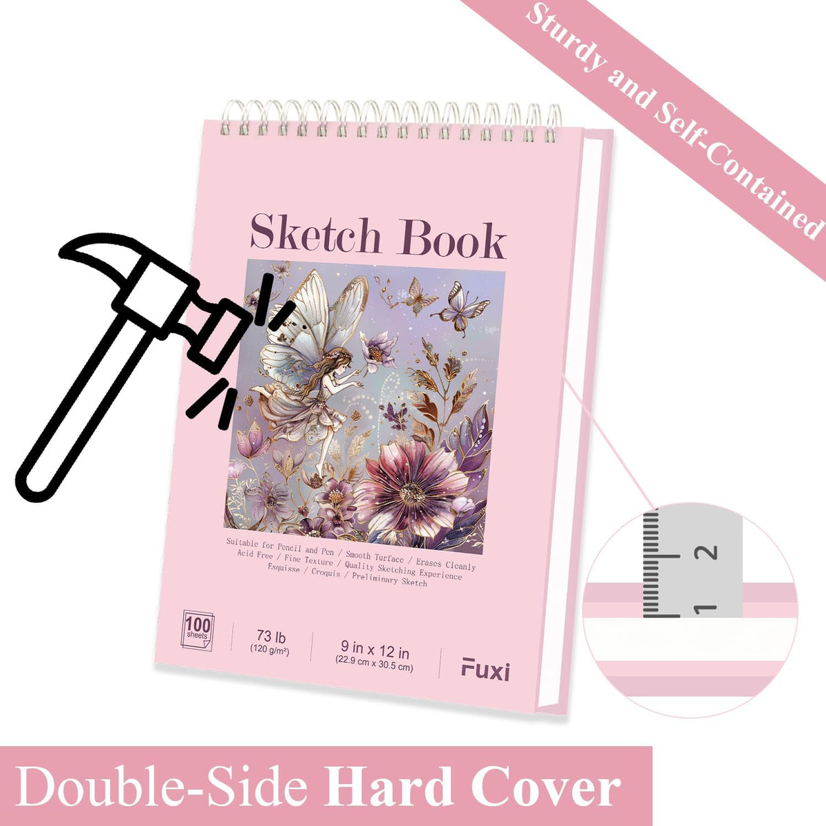 Cute Sketchbook Pink, 9"x12" Sketch Book for Teen Girls, 100 Sheets Girl Sketchbook 73lb/120gsm