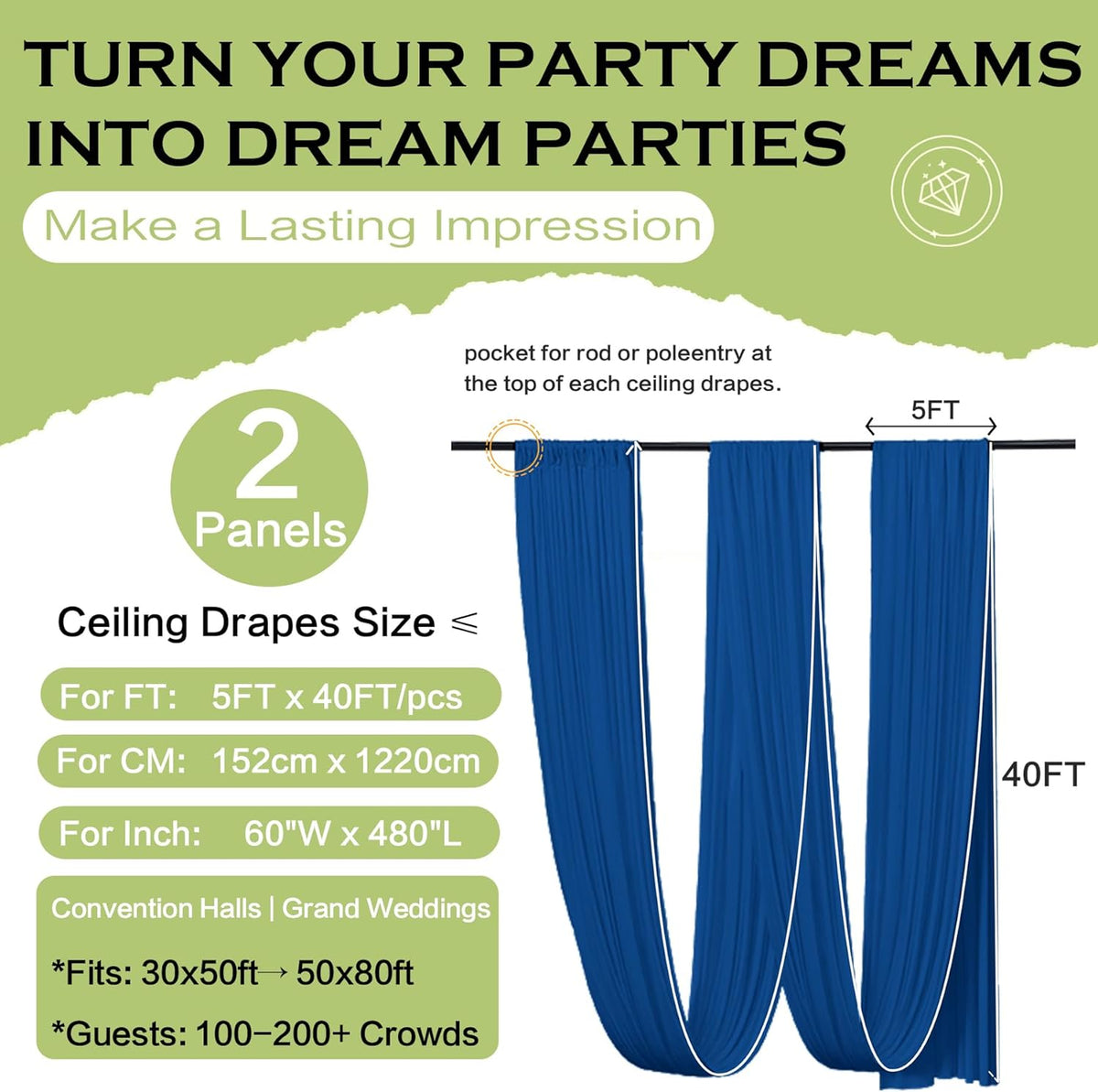 PartyVillage 10ftx40ft Royal Blue Ceiling Curtain for Wedding Parties – 2 Panels Wrinkle-Free 40 FT