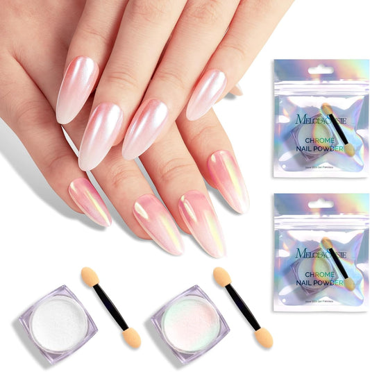 MelodySusie 2Pcs Chrome Nail Powder for Gel Nails, Pearl and Aurora Powder Mirror Effect Pigment