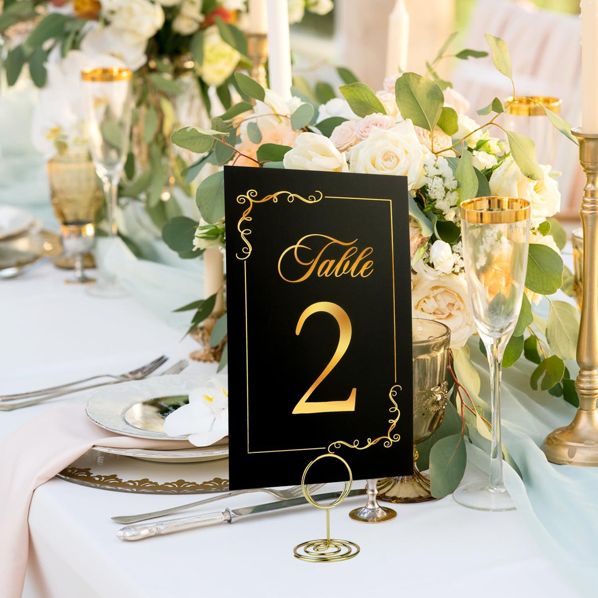 Black Gold Wedding Table Numbers 1-20 With 21 Gold Holders - Set of 21 Table Cards for Wedding