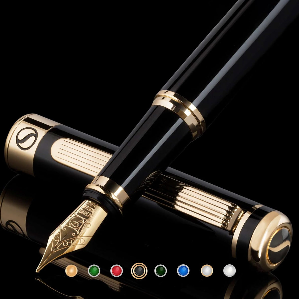 Scriveiner Black Lacquer Fountain Pen - Stunning Luxury Pen, Real Gold Plating, Schmidt Gilded Nib