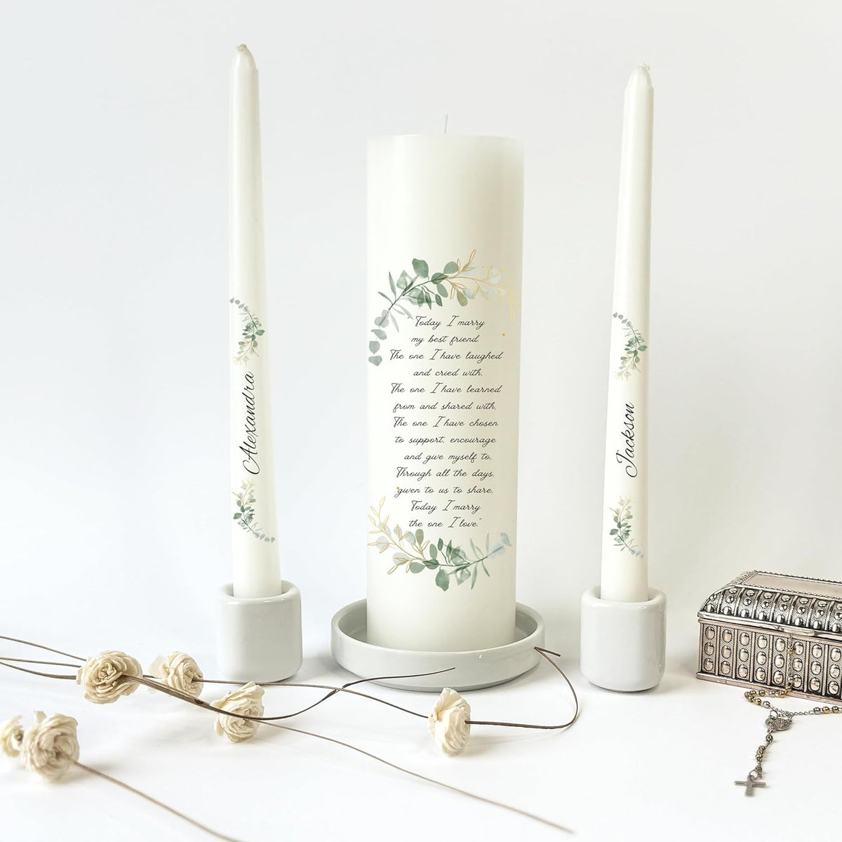 Unity Candles for Wedding, Modern Unity Set, Custom and Personalized Taper Candles with Bible