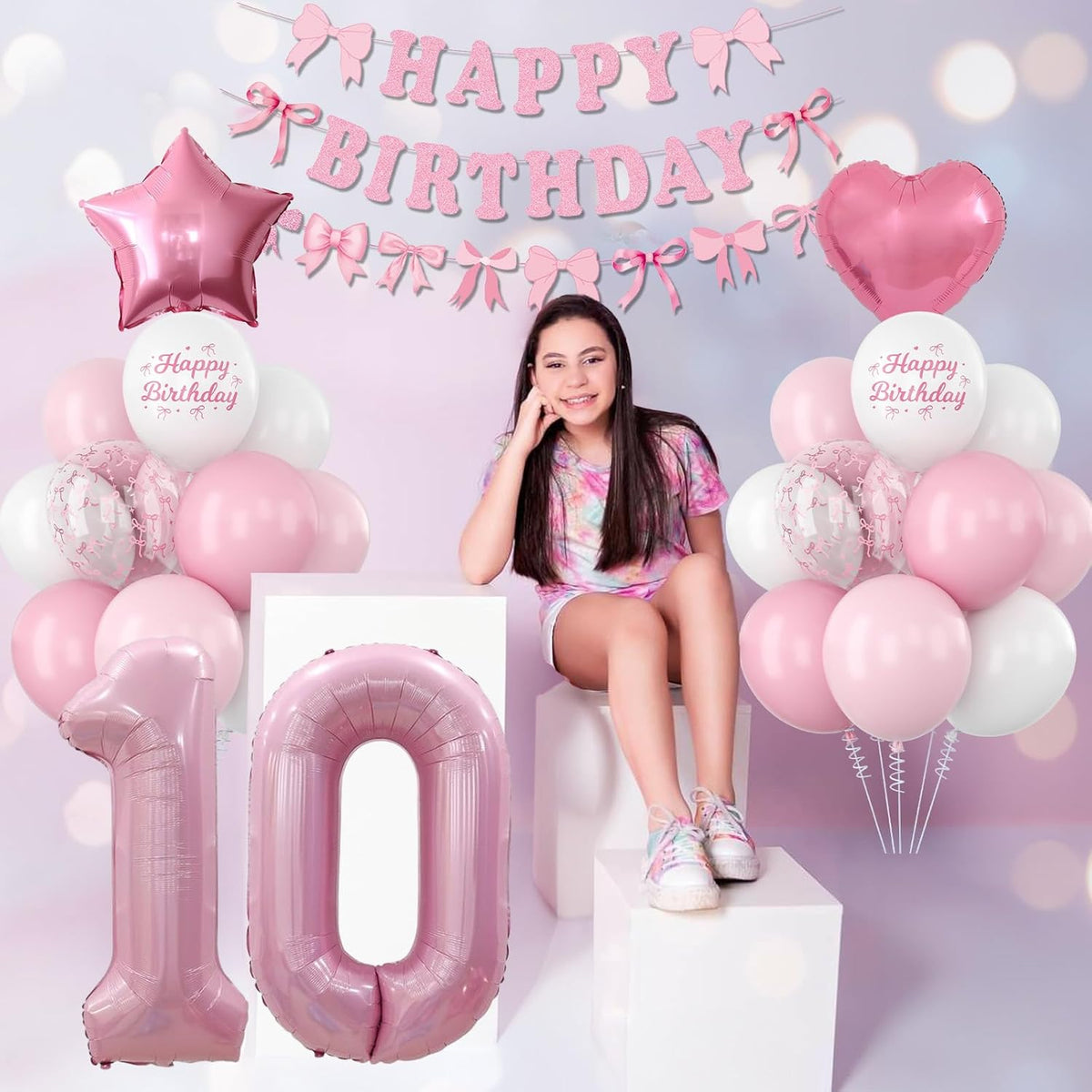 10th Birthday Decorations for Girls Pink Number 10 Balloon Bow Coquette Happy Birthday Banner