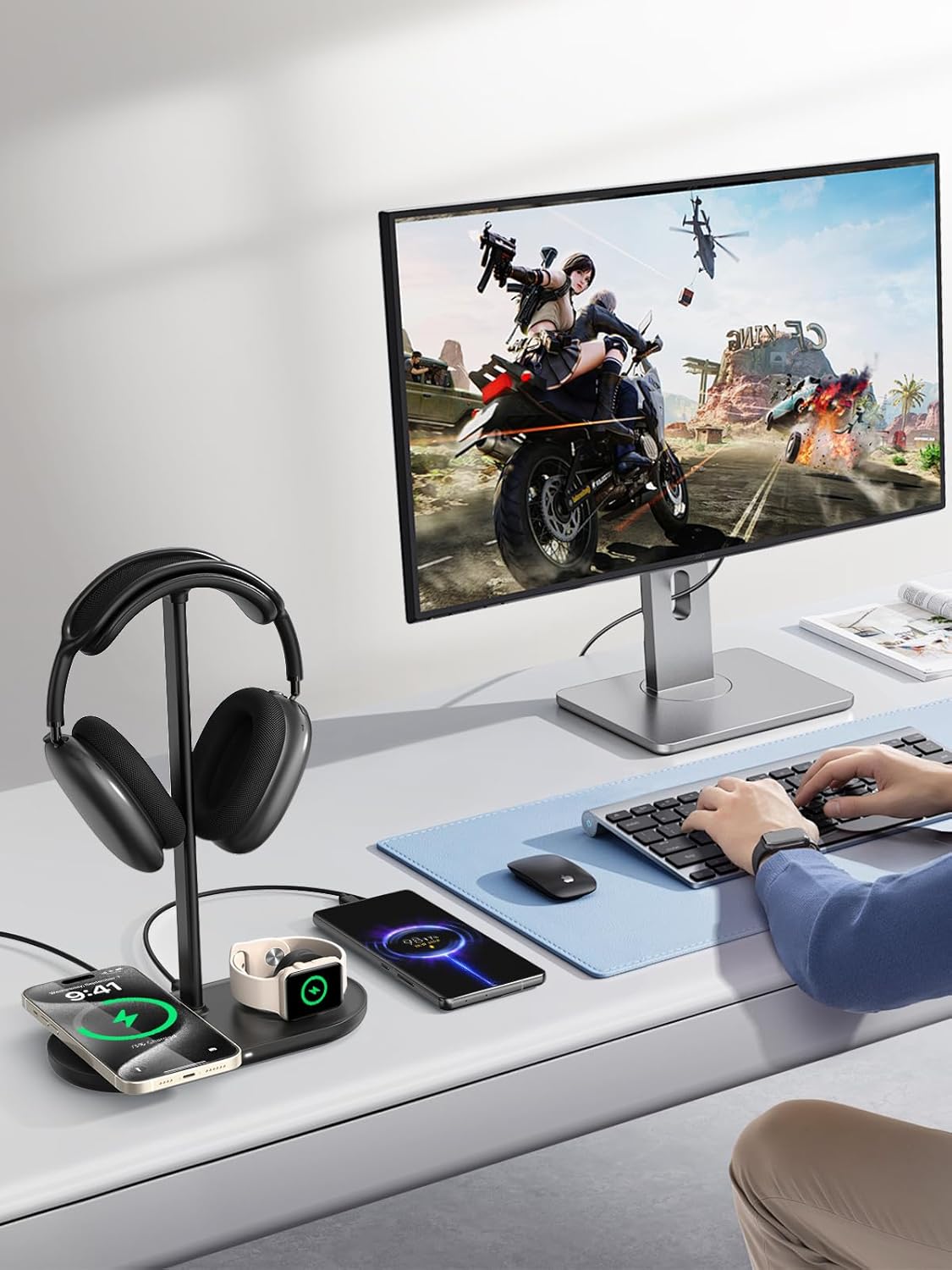 TopMade 5 in 1 Headphone Stand for Desk with Wireless Charger & USB Charging for