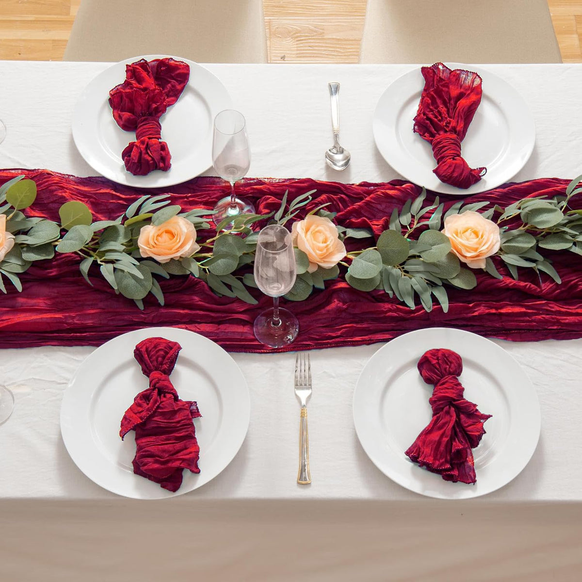 8 Pack 10Ft Table Runner 35x120 inch Burgundy Boho Gauze Table Cheese Cloth Long Wrinkled Sheer