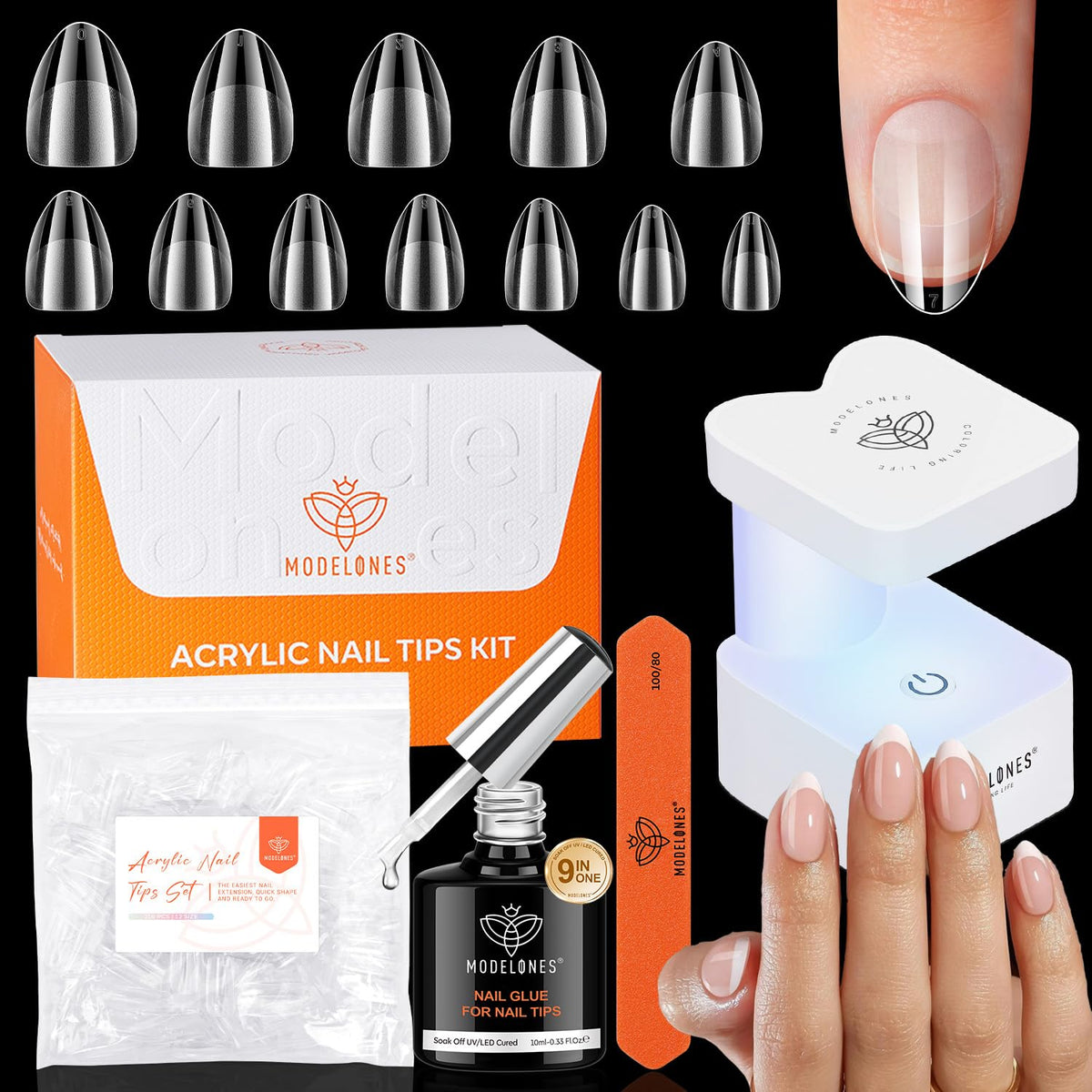 modelones Extra Short Almond Gel Nail Tips Kit, 9-in-One Nail Glue with Portable U V Lamp 216Pcs