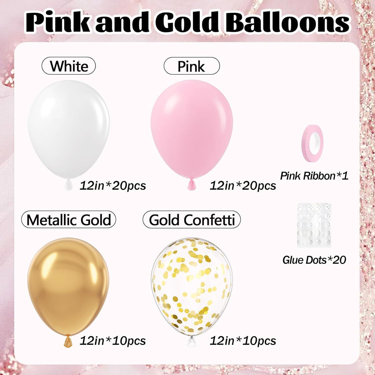 60pcs Pink and Gold Balloons 12inch, Pink and White Balloon with Metallic Gold Confetti Balloons