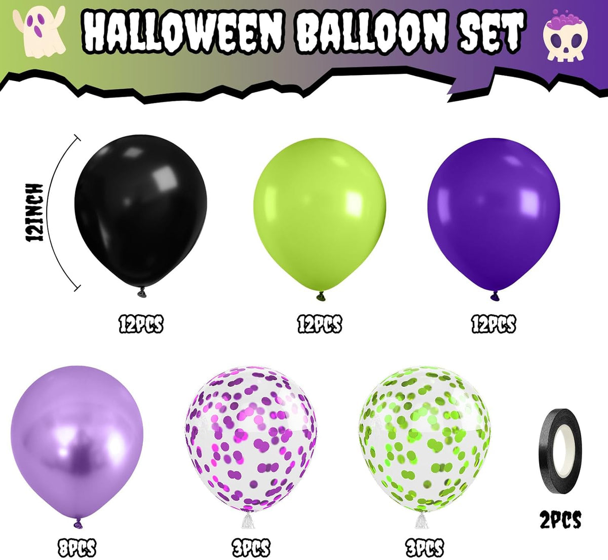 Purple Green Balloons, 12 Inch Halloween Balloons Set, Matte Black Fruit Green and Metallic Purple
