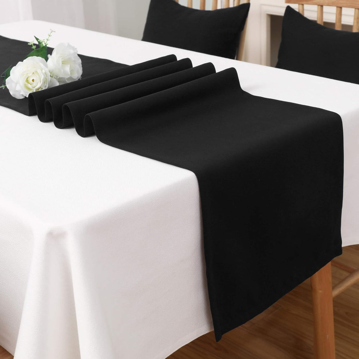 DUALIFE Jet Black Table Runner 14x72 inch Solid Color Thick Polyester Decorative Cloth Handcrafted