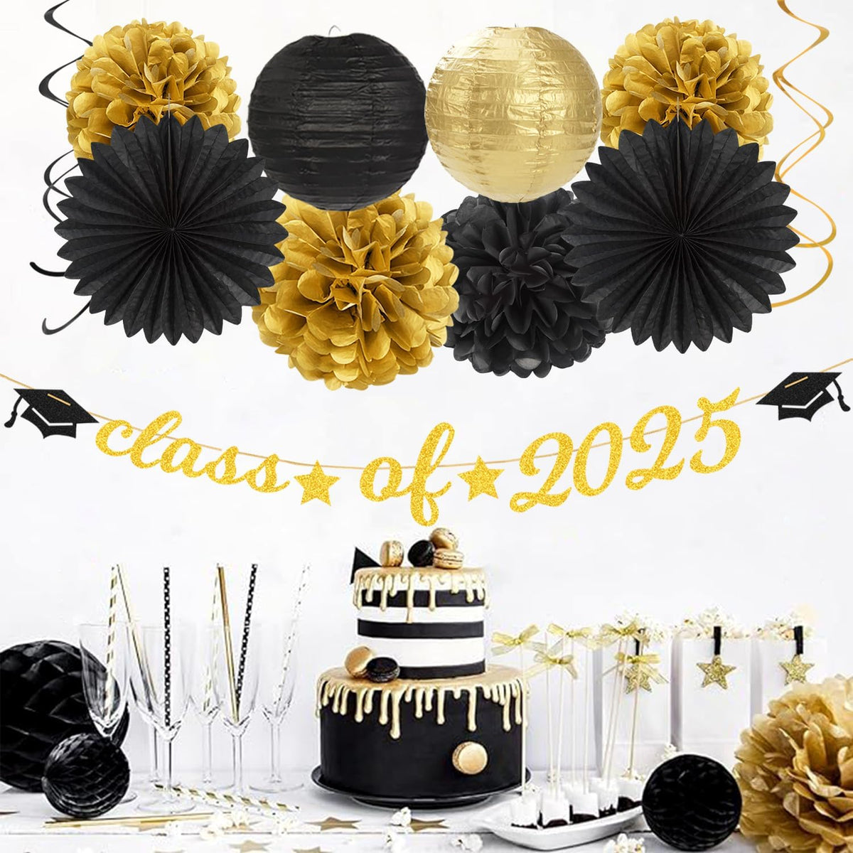 Black-Gold 2025 Class-Congratulations Graduation Party-Decorations - 22pcs High School College Grad