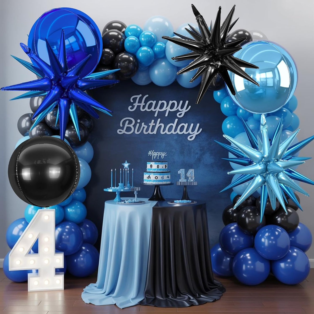 6Pcs Black Blue Foil Balloons,22Inch Navy Blue Black 4D Round Ball Balloon and Explosion Star