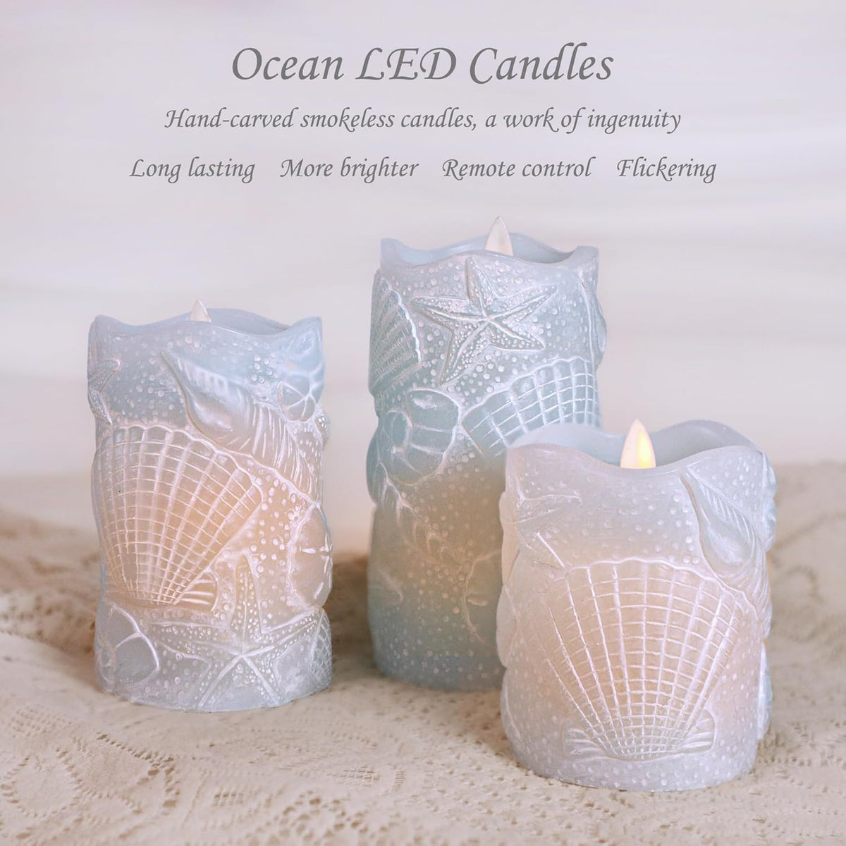Silverstro Ocean Flameless Candles Remote Carved Seashell Real Wax Flicker Battery Operated Candles