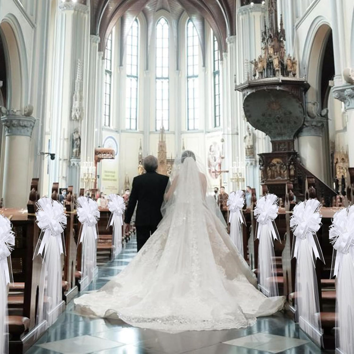 30 Set Wedding Pew Bows with Long Tulle Tails Wedding Aisle Decorations Church Chair Aisle