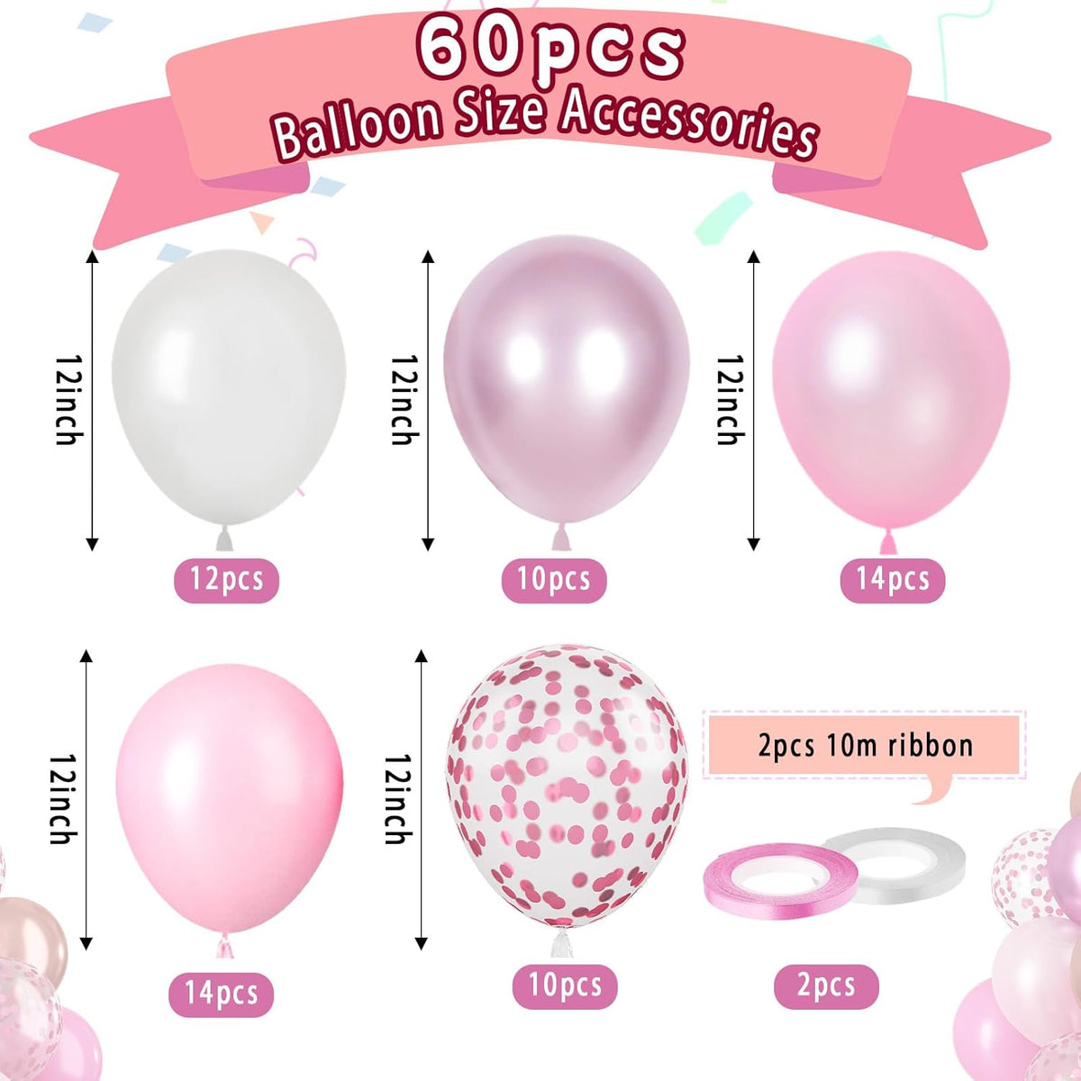 Paready Pink Balloons Set, 60 Pcs 12 Inch Pearl Balloons Metallic Macaron Pink Balloon, Pink