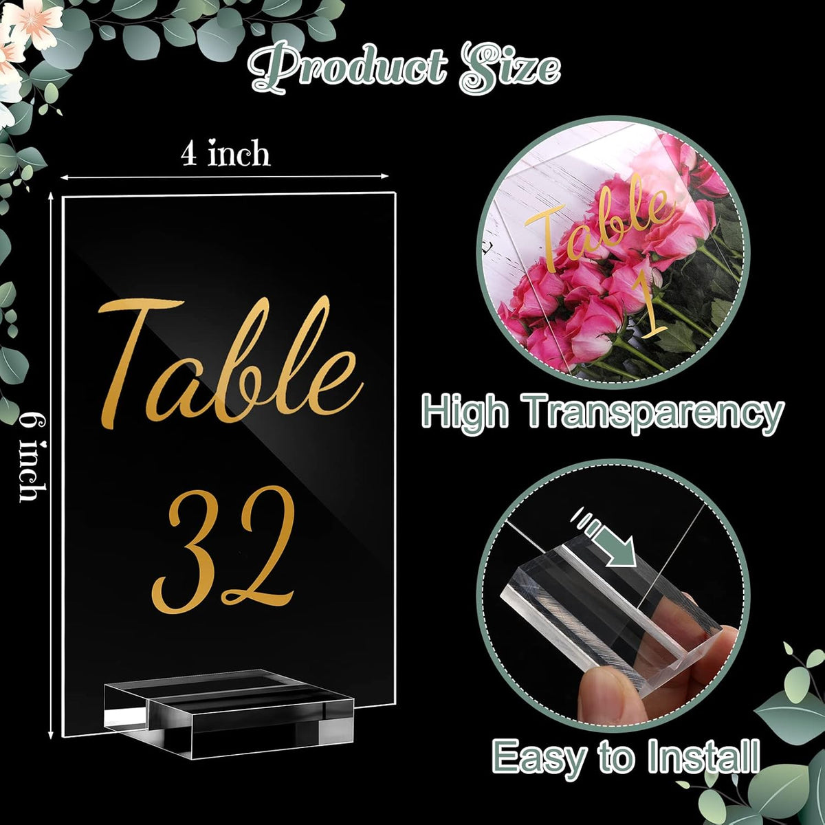 40 Pack Gold Acrylic Wedding Table Numbers 1-40 Clear Stand with Calligraphy Holders - 4 x 6 Inch