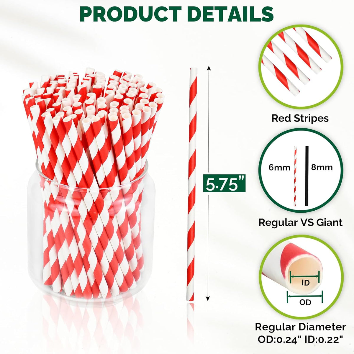 [500 Counts] Chunspak 5.75 inch Disposable Red White Striped Small Paper Straws for Cocktail