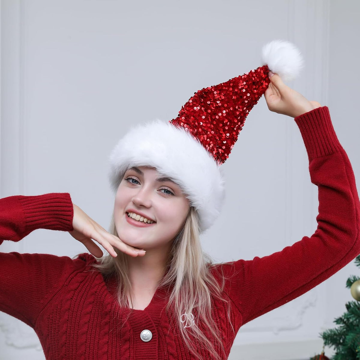 Personalized Sequin Santa Hat for Adults, Red Glitter Christmas Party Hat, Xmas Halloween New Year