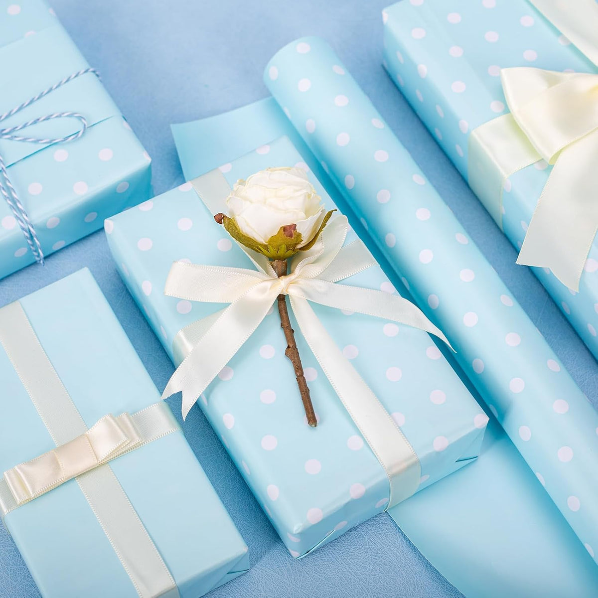 Flyhill Blue Wrapping Paper,Reversible Gift Wrap Paper with Polka Dot Design for