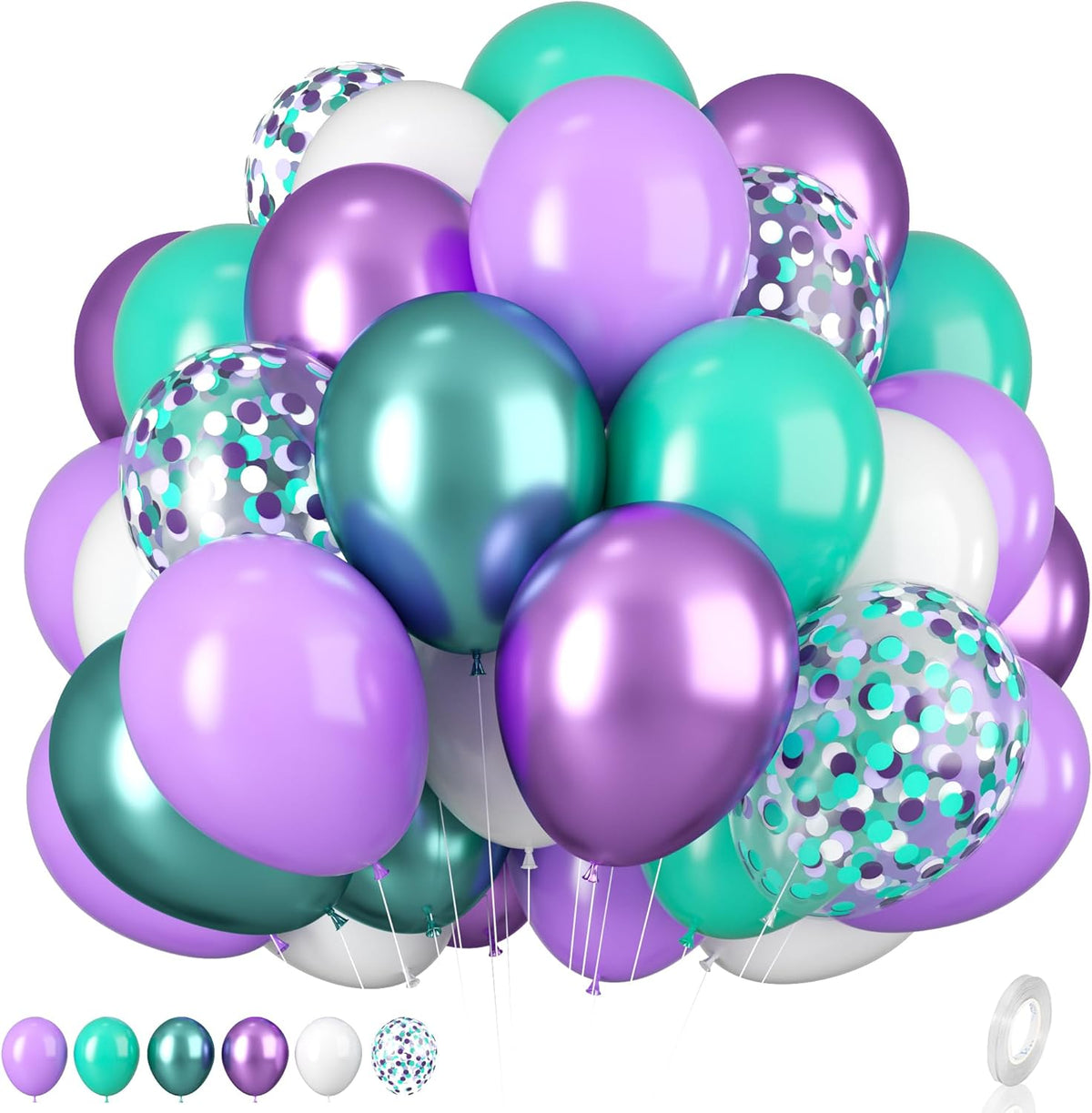 Mermaid Balloons, 12 Inches Purple and Green Balloons Teal Purple White Metallic Confetti Green
