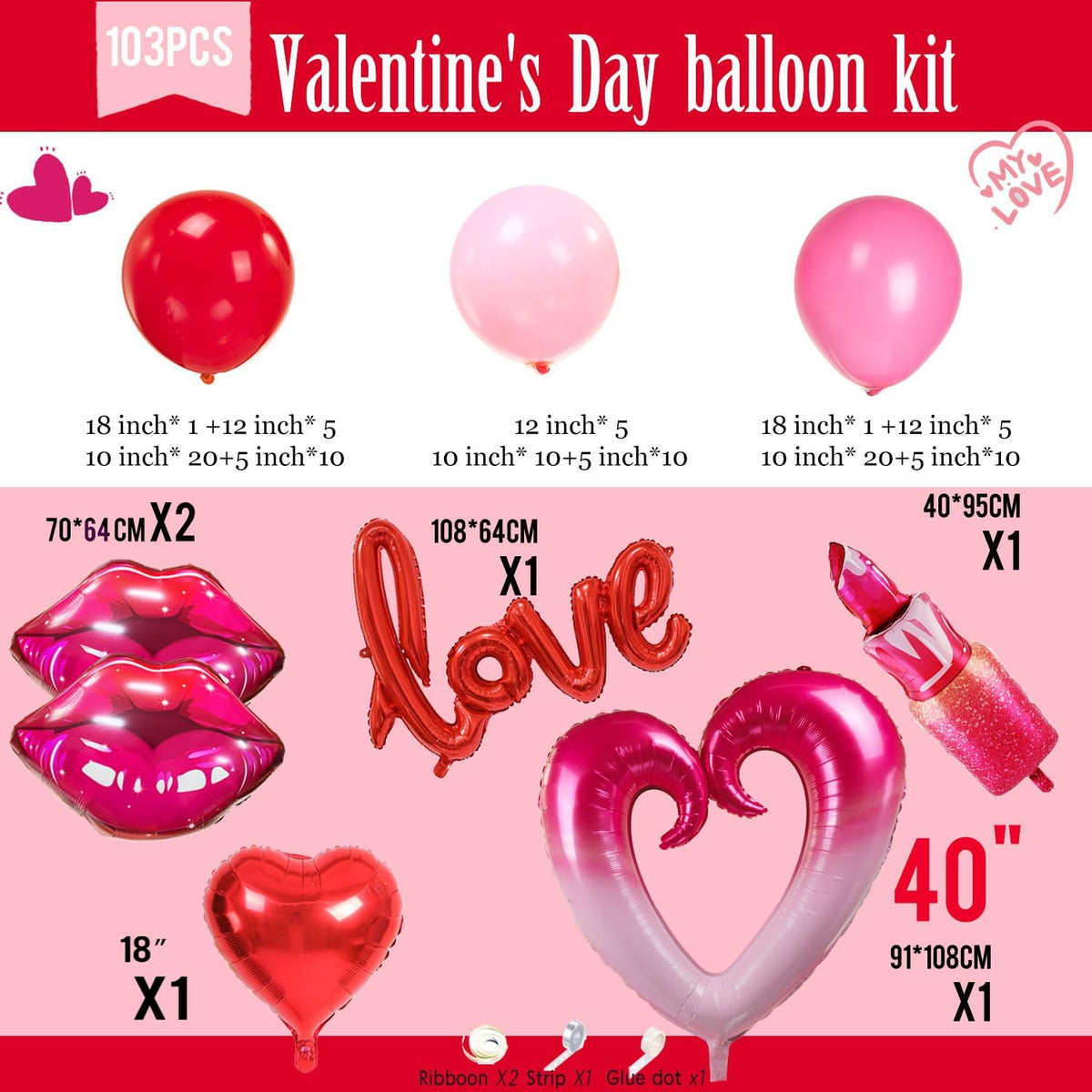 Valentines Day balloon garland arch kit with red Hot pink and love theme mylar lip heart-shaped