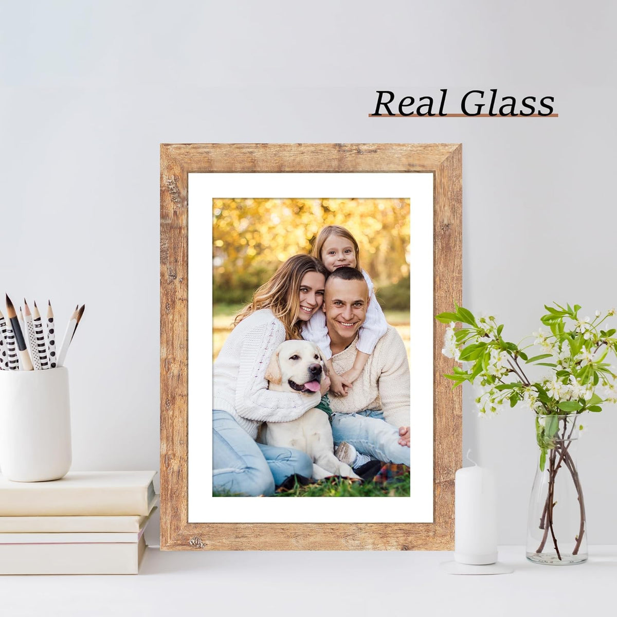 10x14 Picture Frame Set of 4 with Tempered Glass, Rustic Brown Frame Display 8x12 Pictures with Mat
