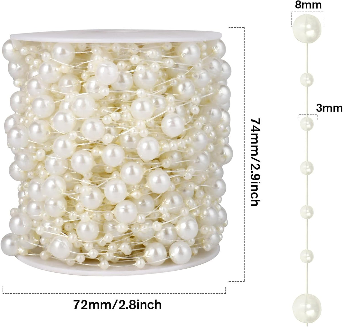 98FT Pearl Beads String Garland, 8mm 3mm Ivory Faux Pearl Beads Roll Strand Bulk for Wedding Party