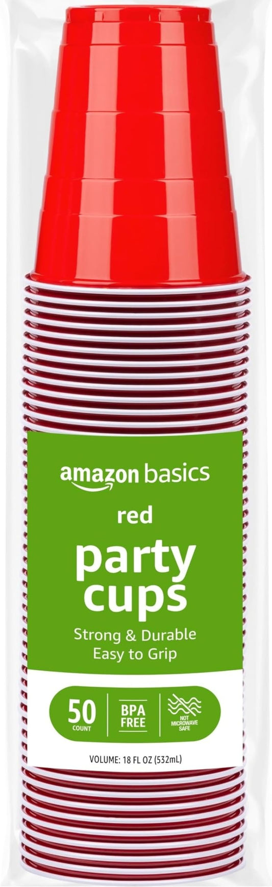 Amazon Basics Sturdy Disposable Plastic Party Cups for Cold Drinks, Red, 18oz, 50 Count, BPA-Free