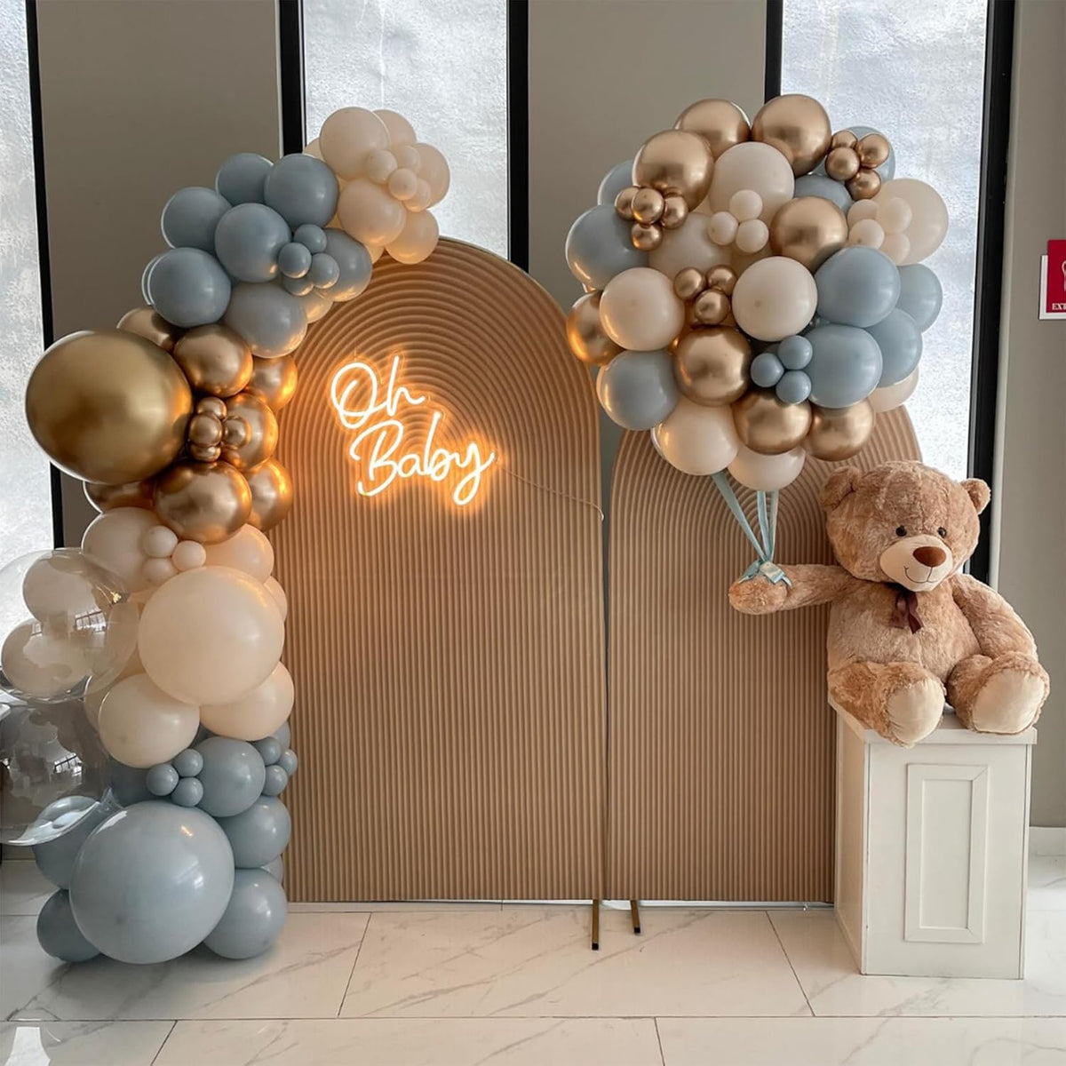 Dusty Blue Beige Balloons, 12 Inch Fog Blue Sand White Balloons with Cream Ivory Metallic Gold