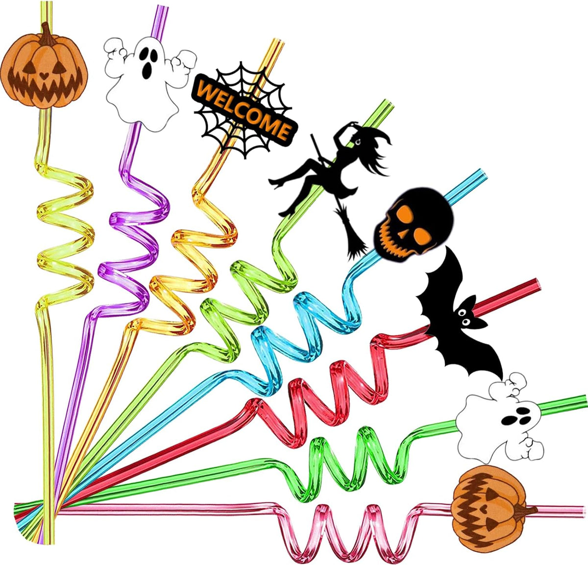24 Pcs Halloween Party Favors - Reusable Plastic Crazy Straws with Bats, Pumpkin, Witch, Ghost