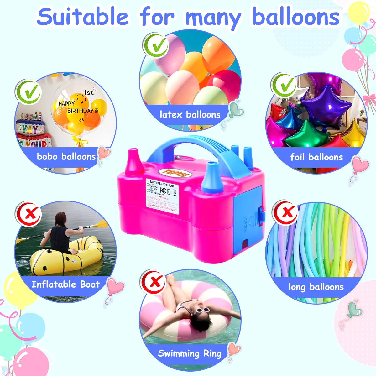 YEPVIE Balloon Pump Electric, 600W Professional Balloon Inflator with 8 Balloon Arch Kits, 2 Modes