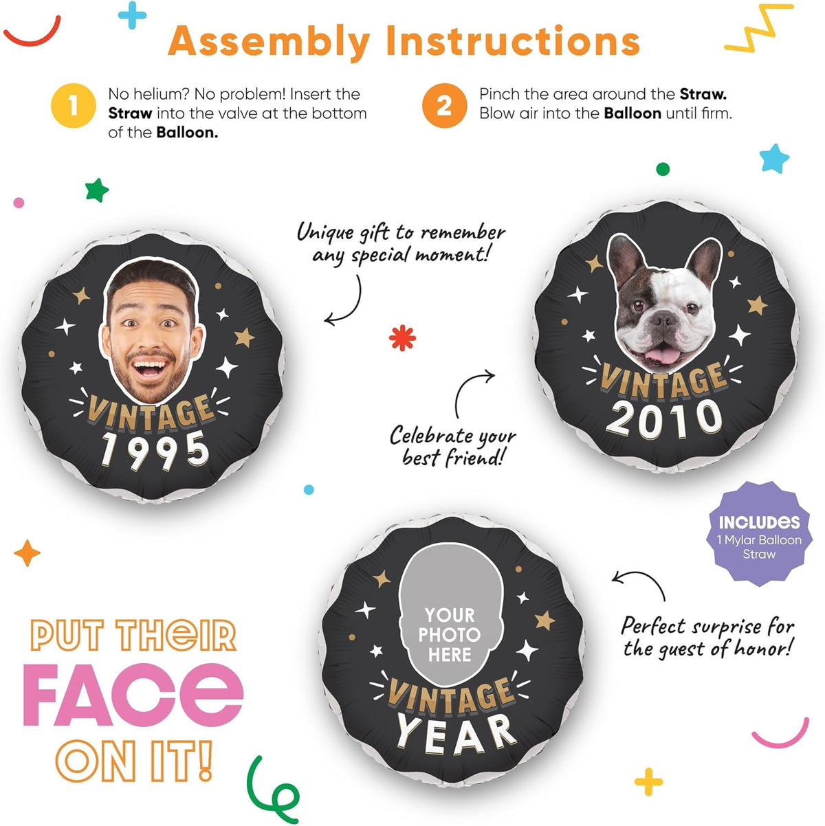 Big Dot of Happiness Personalized Vintage Birthday Photo Balloon, Custom Fun Face Cutout Head