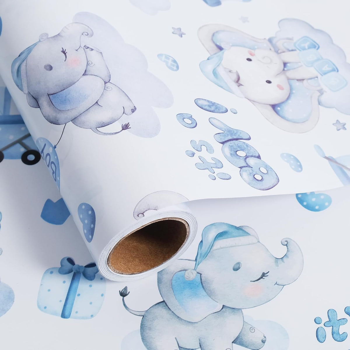 Aimyoo Blue Baby Shower Wrapping Paper Roll - 17 Inch X 16.4 Feet - Cute Elephant with It‘s A Boy
