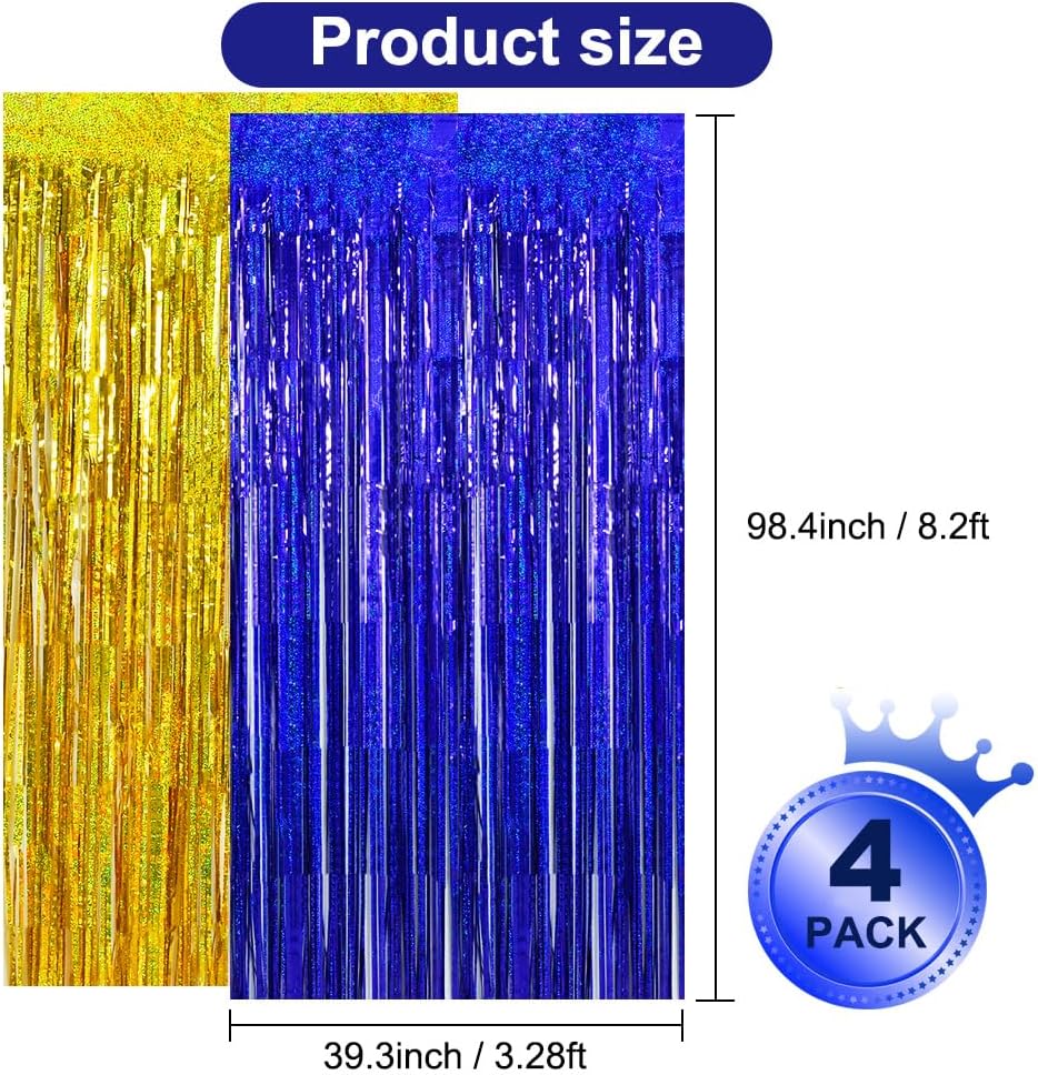 BEISHIDA 4 Pcs Blue and Gold Party Streamers Fringe Foil Curtain Backdrop Tinsel Background Party