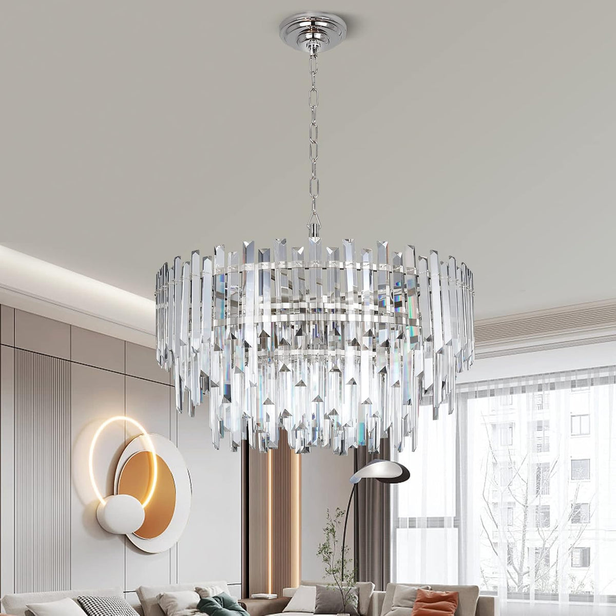 Crystal Chandelier Lighting 24'' Chrome for Dining Rooms Bedroom Foyer Entryway Ceiling Hanging