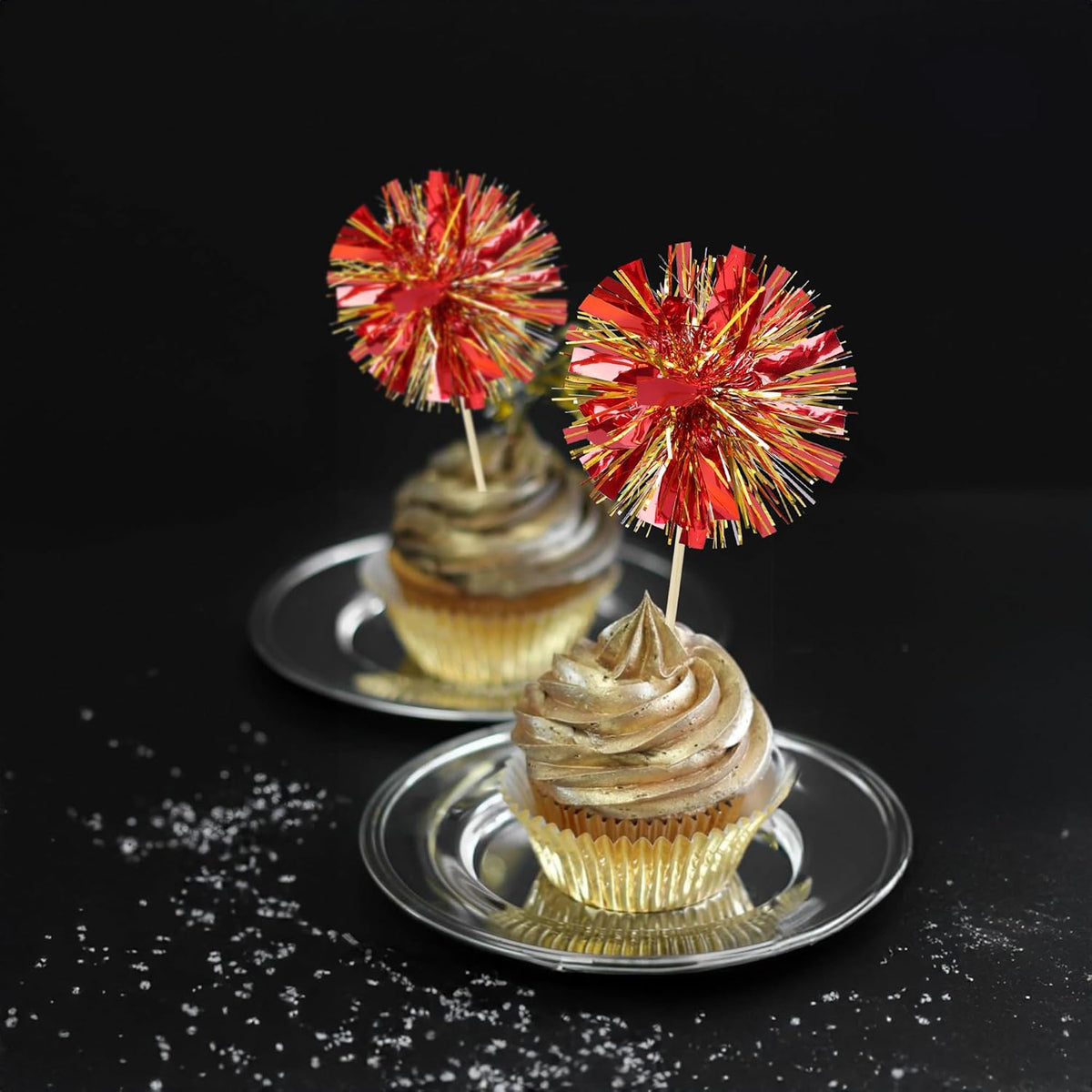 Ephlyn 30Pcs Foil Firework Cupcake Toppers Sparkle Tinsel Drink Birthday Cake Decorations Cocktail