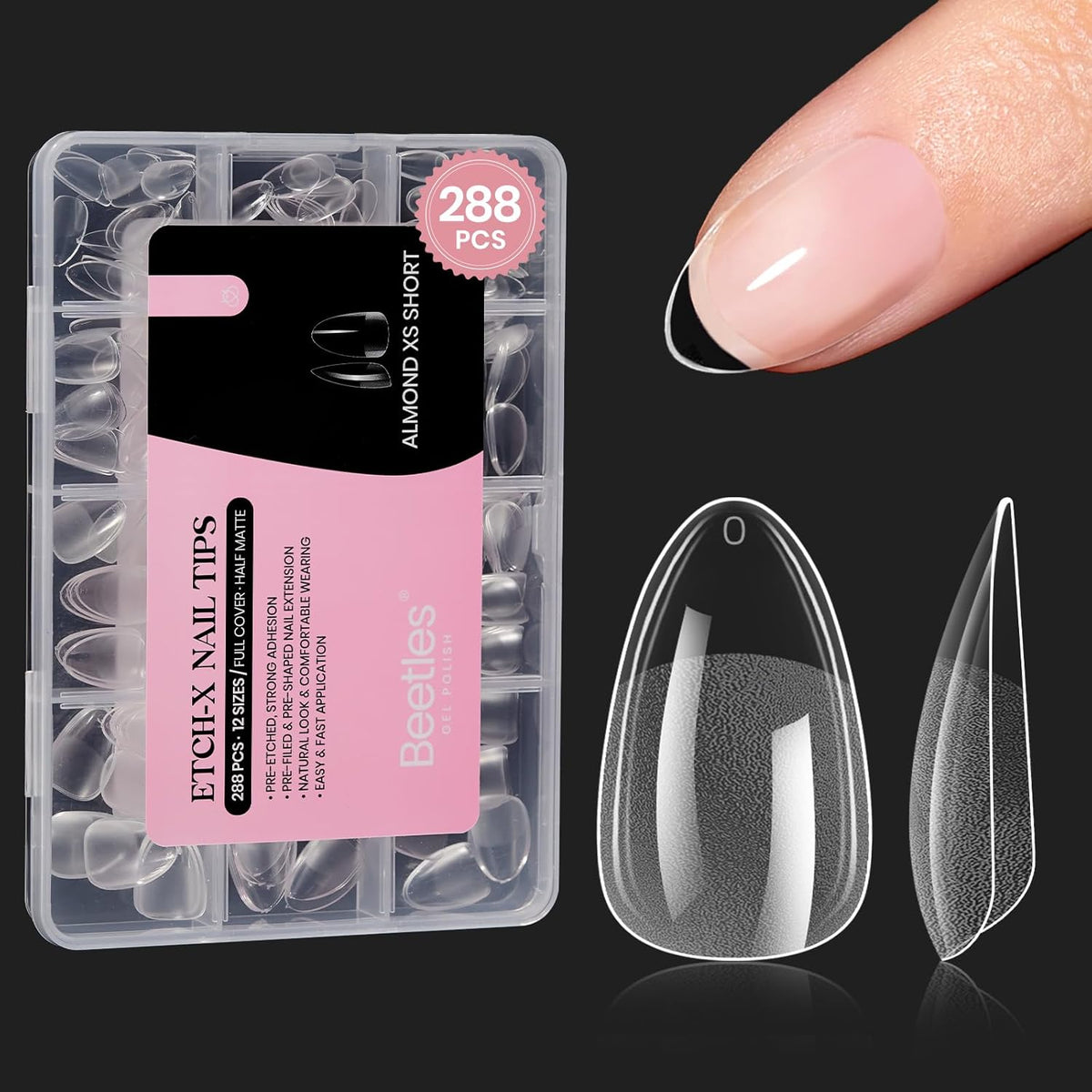 Beetles Extra Short Almond Nail Tips, 12 Sizes 288 PCS Pre-Shaped Clear Full Cover Etch Gel Nail
