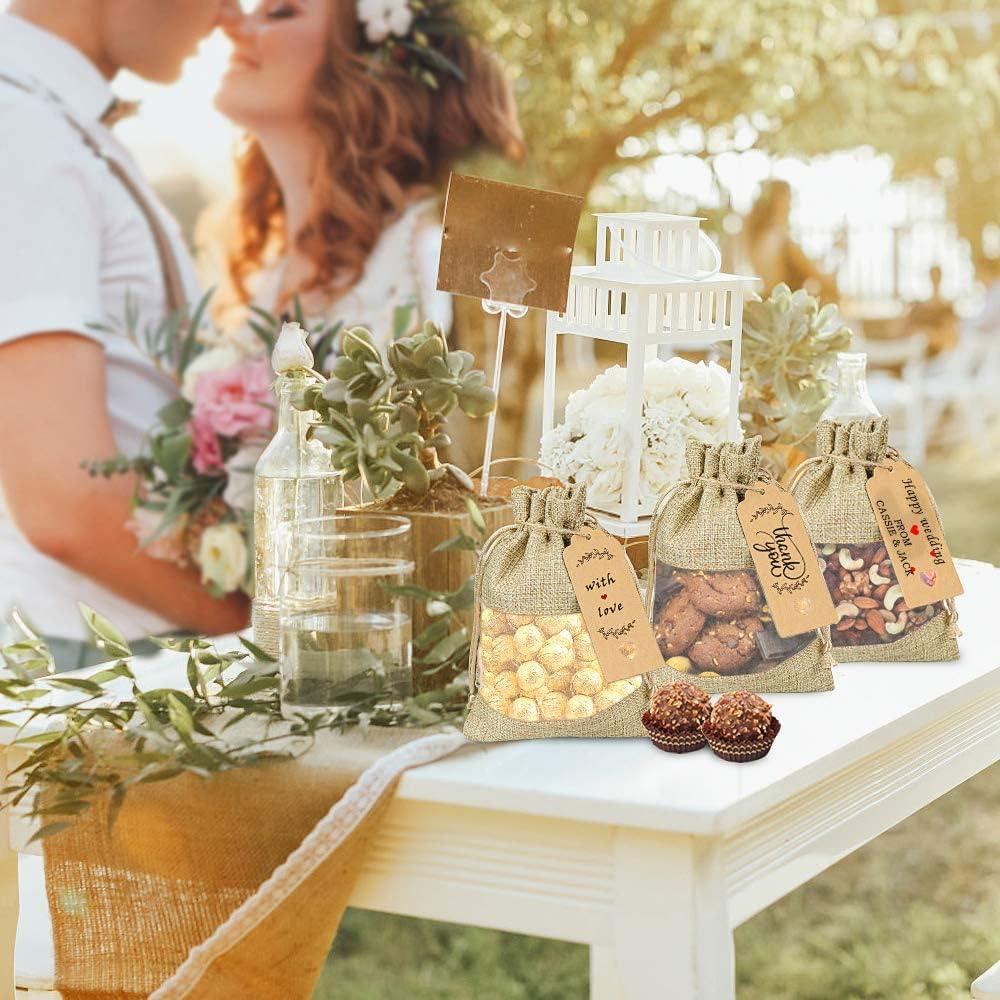 GIOIPC 50Pcs 4 x 6 Inch Linen Burlap Sheer Bags with Drawstring and Bonus Gift Tags for Wedding