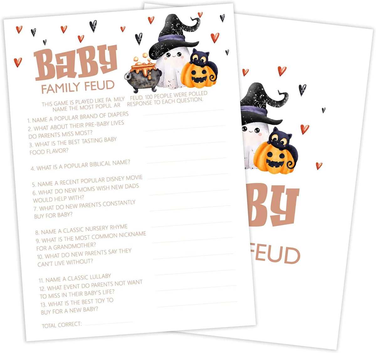 Baby Shower Games, Halloween Baby Family Feud, 25 Double-Sided Game Cards + 1 Answer Card for