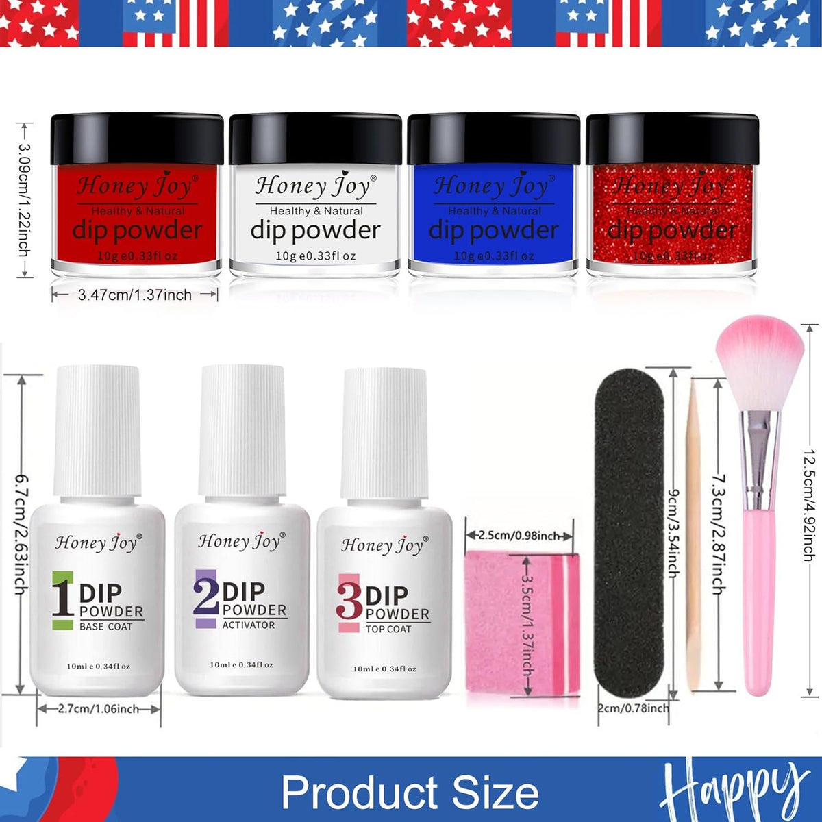 Honey Joy Dip Powder Nail Kit Starter,4 Colors Red White and Blue Nails Fourth of July Firework