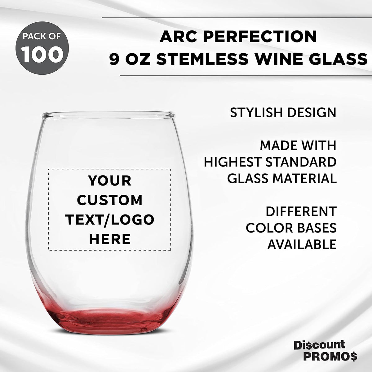 Custom Stemless Wine Glass 9 oz. Set of 100, Personalized Bulk Pack - Great for Wedding Favors