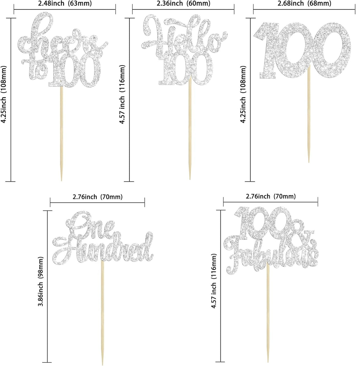 30pcs Happy 100th Birthday Cupcake Toppers - Silver Glitter One Hundred Cheers to 100 Years Old