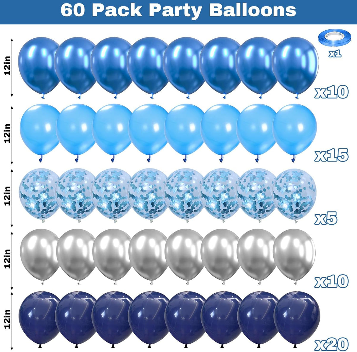 60 Pcs Blue and Silver Balloons, Navy Royal Blue Silver Party Balloons with Metallic Confetti